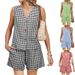 Women's Clothing Two Piece Holiday Wear Short Suit Linen Plaid Vest_ecoleips.com