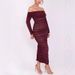 Burgundy Off-Shoulder Mesh Dress European American Style Long Sleeve Pleated Slim Fit Maxi Dress for Women Banquet Occasion_ecoleips.com