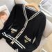 Women's Clothing Black Knitted Cardigan Autumn And Winter New Color Matching Outerwear Slim Sweater Jacket Top_ecoleips.com