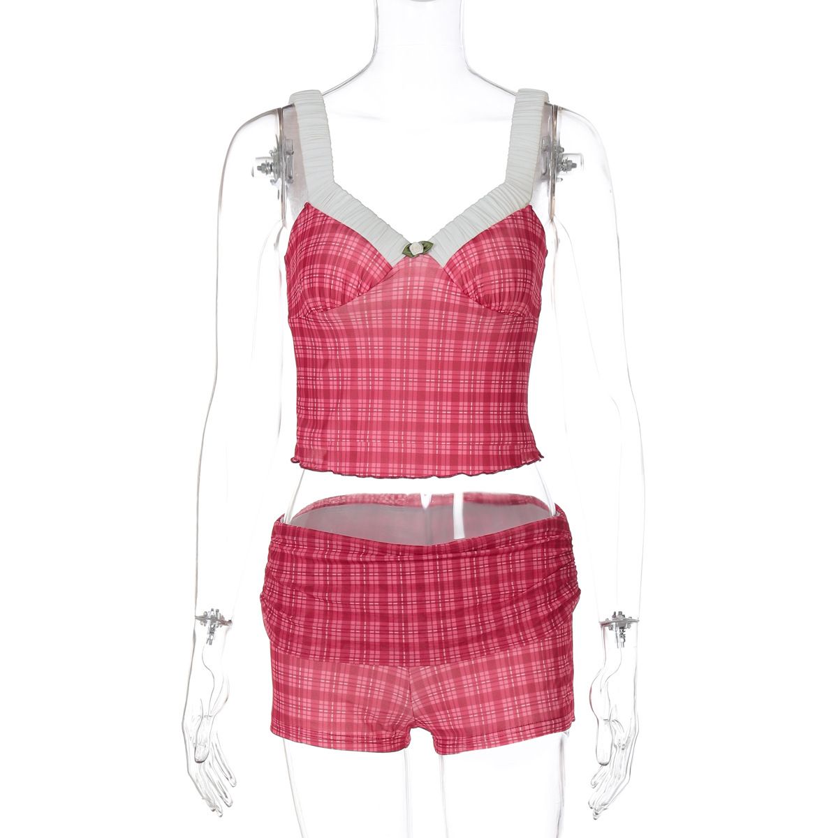 Women's Patchwork Color Blocking Ruffled Trim Vest Top And Tight Shorts Set European American Style Spring New 2025_ecoleips.com