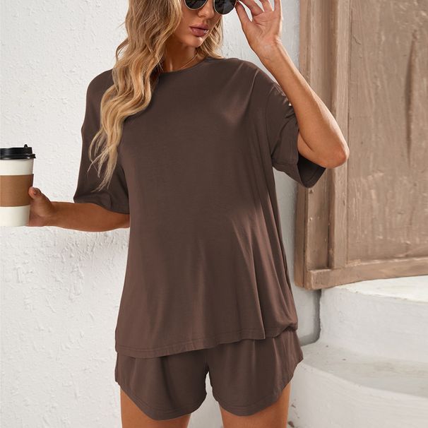 Voya Women's Spring/Summer Cross Border Simple Commuting Solid Color Home Clothes Set, Can Be Worn As A Casual Shorts Two-piece Set For Women_ecoleips.com