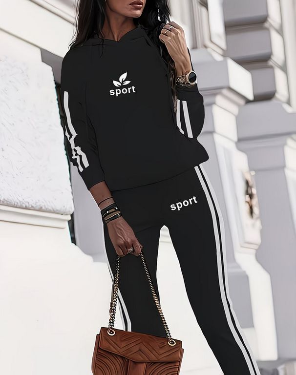 Women's Autumn Fashion Trend Printed Striped Hooded Sweatshirt Set Long Sleeve Casual Jogging Pants Loose Fit Print_ecoleips.com