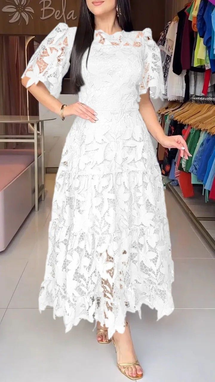 Women's Clothing Summer New Women's Temperament Round Neck Hollow Lace Dress Women's Clothing_ecoleips.com