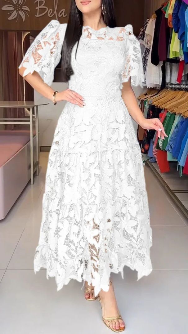 Women's Clothing Summer New Women's Temperament Round Neck Hollow Lace Dress Women's Clothing_ecoleips.com