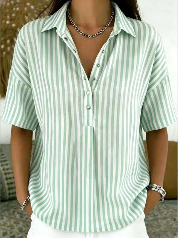 Summer Striped Shirt For Women Casual Fashion Short Sleeve With Collar_ecoleips.com