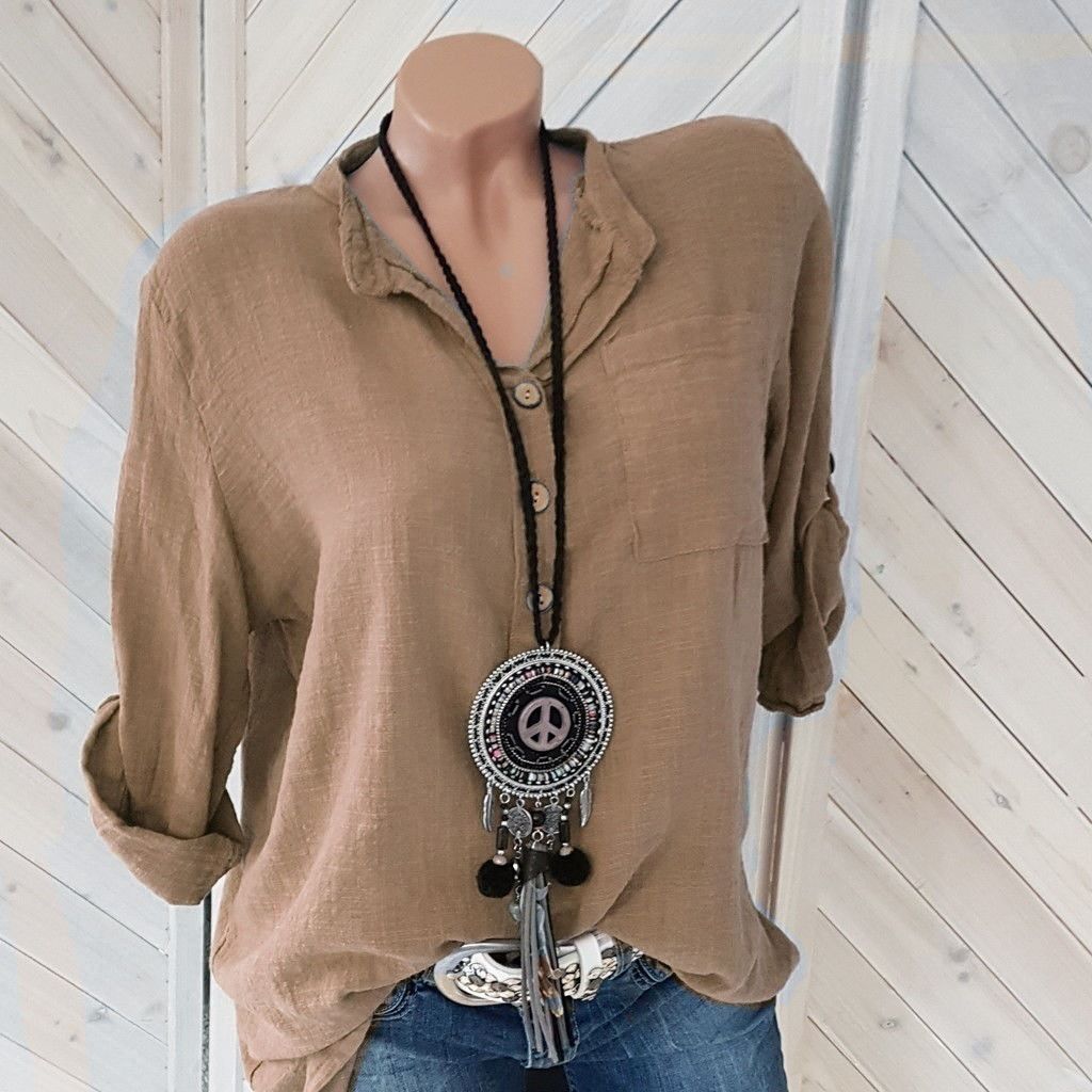 Classic V-Neck Pocket Blouse – Breathable Cotton-Linen Top For Women (White/Red/Khaki/Pink/Rose/Blue, S-5xl)_ecoleips.com