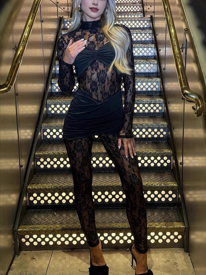 Sheer Mesh Jumpsuit With Lace Cutouts - Sexy Long Sleeve Bodysuit Pants For Nightclub & Party - Stretchy Polyester Siren Red & Black Tight-Fit Romper_ecoleips.com