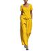 Women's Clothing Women's Elegant Two Piece Set Fashion Solid Color Cotton Linen Loose Short Sleeve Top High Waisted Trousers_ecoleips.com