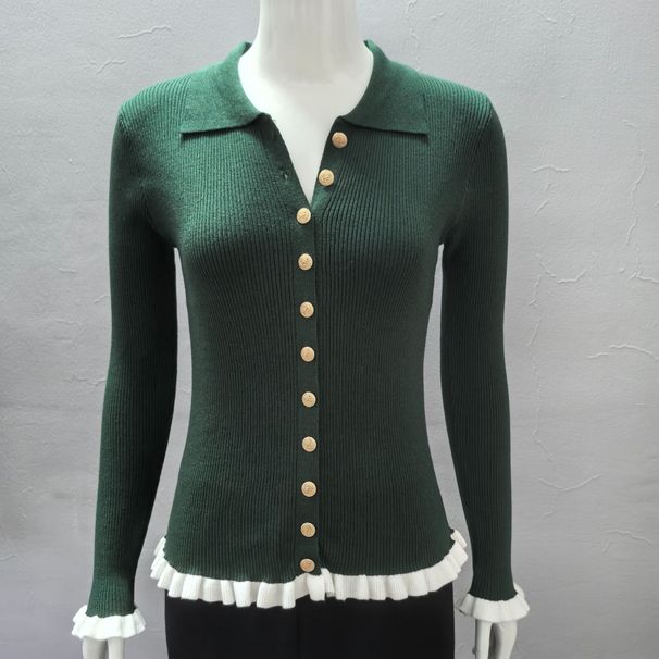 Elegant Button-Down Knit Cardigan With Ruffle Sleeves - Slim Fit Polo Neck Long Sleeve Sweater For Women_ecoleips.com