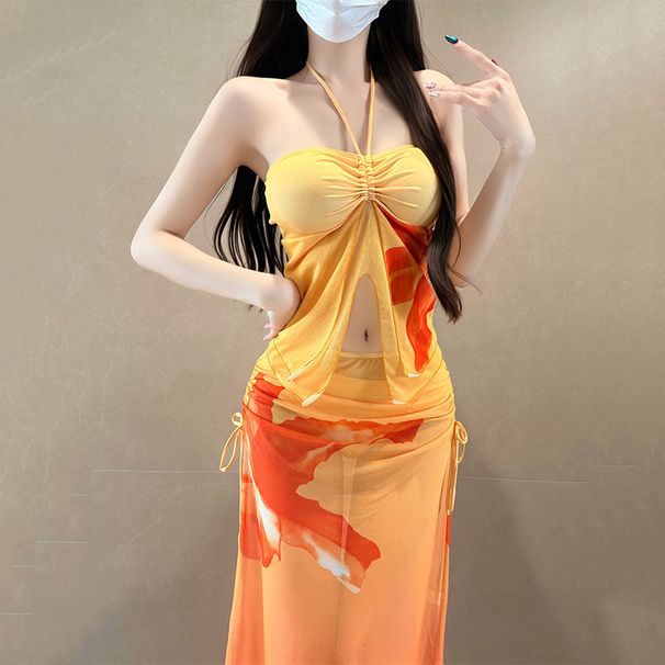 Women's Three Piece Bikini Swimsuit Set with Long Skirt Slim Fit Fashionable Print for Beach Vacation Wholesale_ecoleips.com
