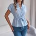 Women's Solid Color Short Sleeve Shirt Button Down Pull String Waist Casual Tops Spring Summer Fashion_ecoleips.com