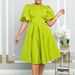 Women's Clothing Round Neck Temperament Puff Sleeve Waist Waist Large Swing Dress Skirt A Line Dress_ecoleips.com