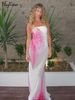 Hugcitar Elegant Print Strapless Patchwork Mesh Sexy See Through Maxi Dress Summer Women Fashion Outfits Beach Festival Party_ecoleips.com