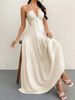 Off-Shoulder V-Neck Pleated Backless A-Line Summer Dress (Hawaii Beach / Tea Party / White Graduation Outfit)_ecoleips.com