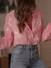 Women's Navy Blue Floral Embroidery Blouse, Long Puff Sleeve V Neck Button Down Shirt, Casual Loose Fit Boho Top For Daily Wear Streetwear, Elegant Re_ecoleips.com