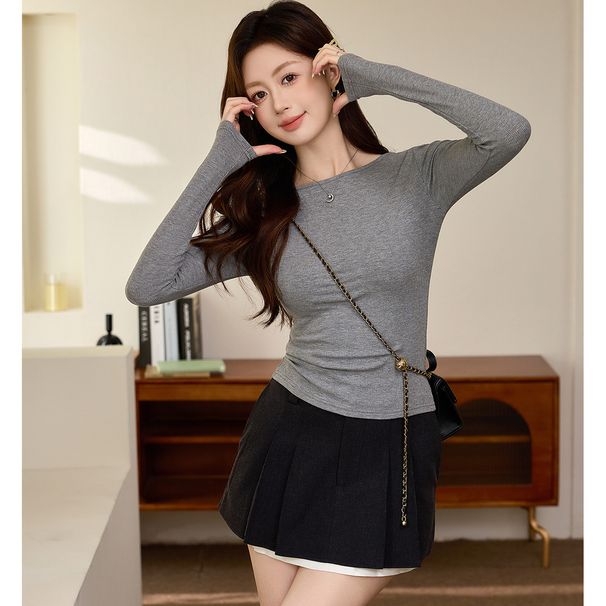 2025 #Selection Of Premium Products # One Word Small Round Neck Slim Fit And Slimming T-Shirt For Women With Long Sleeves,_ecoleips.com