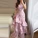 Casual Floral Print Stacked Lotus Leaf Edge Dress Elegant Women's Prom Dress 2026 Summer New V-neck Short Sleeved Evening Dress_ecoleips.com