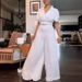 Women's Clothing Solid Color Waist Loose Flared Pants Suit Two Piece Set_ecoleips.com