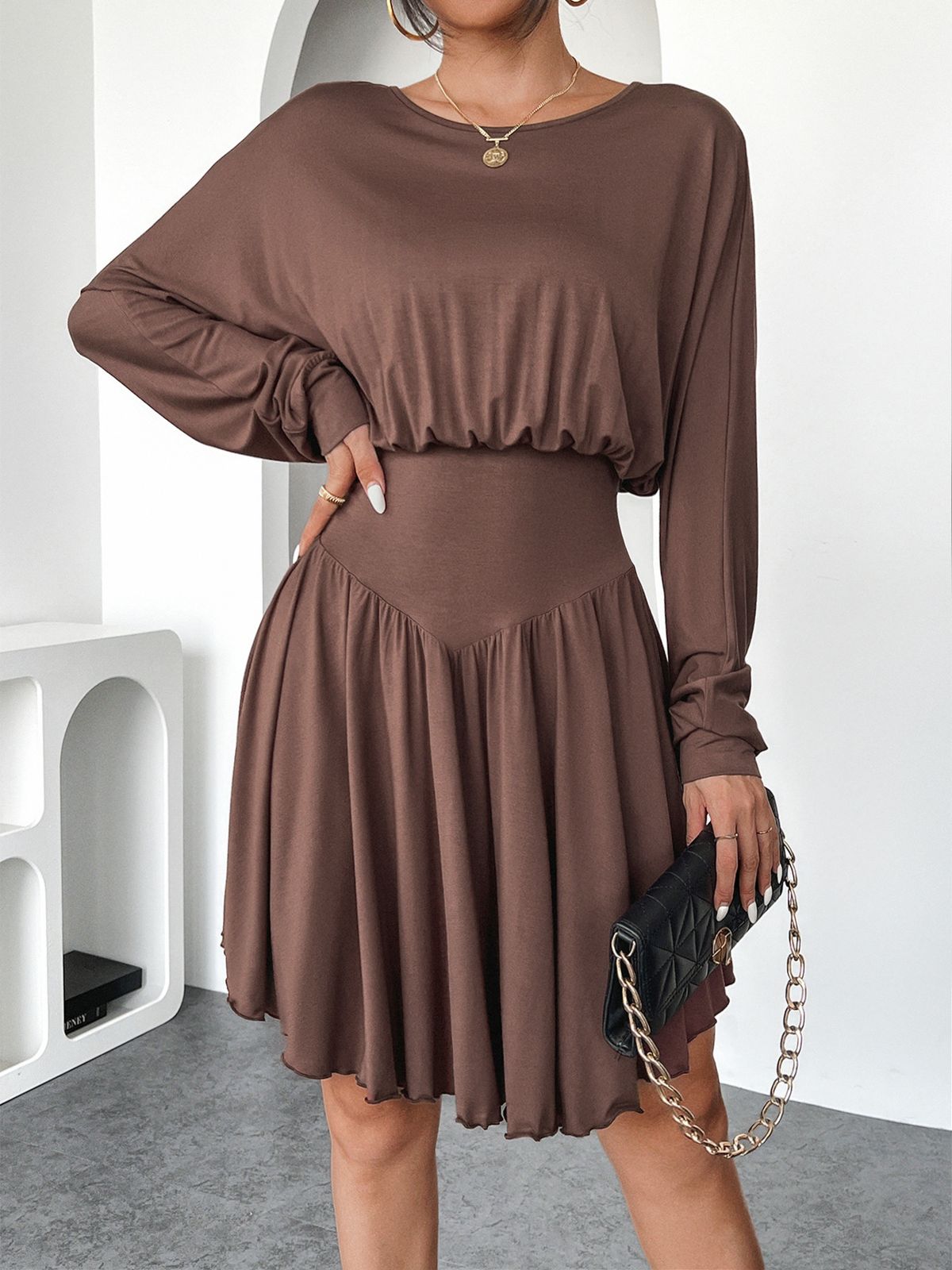 High-Waisted Ruffle Dress For Women - Elegant A-Line Office Dress With Batwing Sleeves Premium Fabric_ecoleips.com
