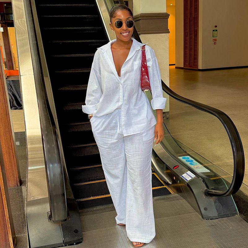 Women's White Loose Fit Lapel Shirt & Wide Leg Trousers Set – Elegant Office Suit, Business Casual Outfit (S-2XL)_ecoleips.com