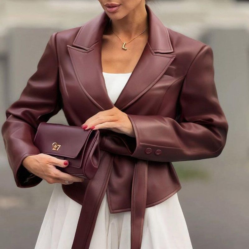 Women's Lace-Up Long Sleeve Blazer Jacket - Autumn Slim Fit Suit Coat With Solid Colors, Black/White/Burgundy_ecoleips.com
