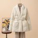 Elegant Winter Down Coat For Women With Belt, Loose Fit Long Puffer Jacket, V-Neck Quilted Outerwear In Black, Beige & Brown_ecoleips.com