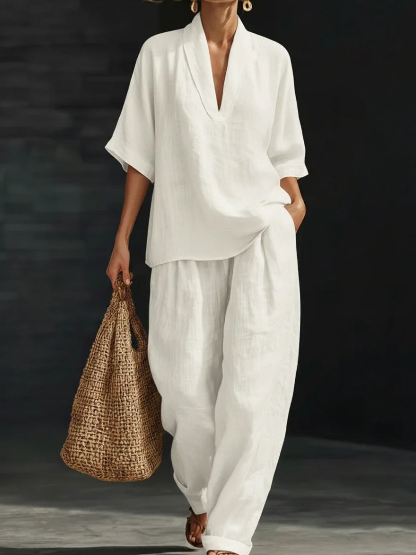 Spring/Summer Women's Loose Wide Leg Pants Set Stylish Comfortable Two Piece Solid Color Linen Imitation Clothing_ecoleips.com