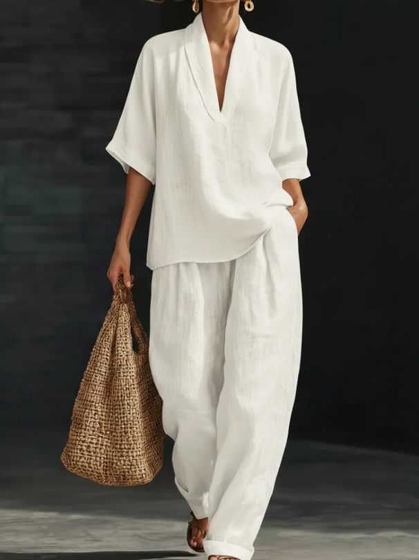 Spring/Summer Women's Loose Wide Leg Pants Set Stylish Comfortable Two Piece Solid Color Linen Imitation Clothing_ecoleips.com
