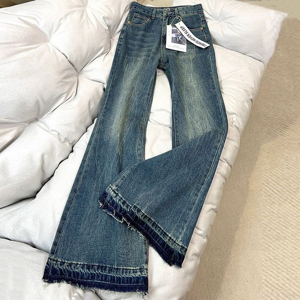 plus Size High-Waisted Slim Fit Flared Jeans for Women Frayed Hem Retro Straight Leg Trousers_ecoleips.com