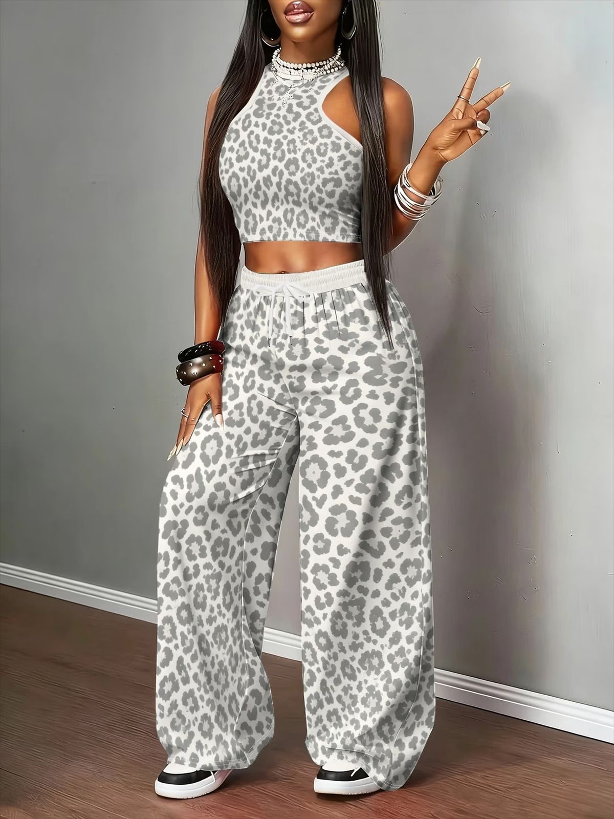 Retro Animal Print Halter Neck Cami With Wide-Leg Pants Set, Comfortable Loungewear For Women, Two-Piece Outfit For Casual Style_ecoleips.com