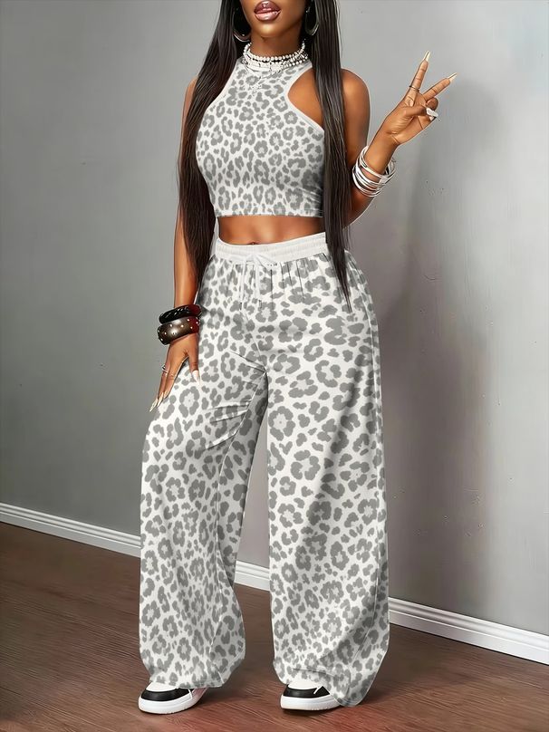Retro Animal Print Halter Neck Cami With Wide-Leg Pants Set, Comfortable Loungewear For Women, Two-Piece Outfit For Casual Style_ecoleips.com