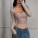 Autumn Y2k Slimming Long-Sleeve Solid Color T-Shirt With U-Neck, Slimming Fit, And Strip-Printed Underwear Top_ecoleips.com