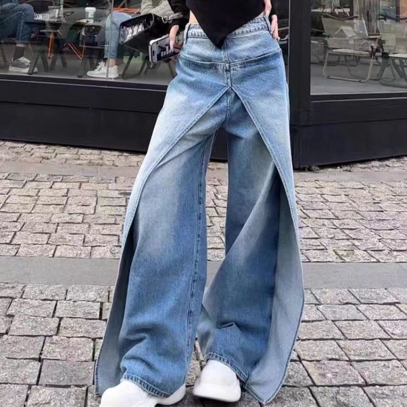 American Retro Two-way Straight-leg Jeans Women, New Trendy High-waisted Loose Slimming Wide-leg Pants For Fashionable_ecoleips.com