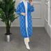 Modest Longline Cardigan For Muslim Women – Elegant Diamond Knit Open Front Cover-Up, Breathable Polyester Blend, Oversized Length (100cm+), Grey/Blue_ecoleips.com