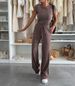 Women's Clothing New Textured Knitted Short Sleeved Tops Wide Leg Trousers Elastic Mid Waist Solid Color Casual Suit_ecoleips.com