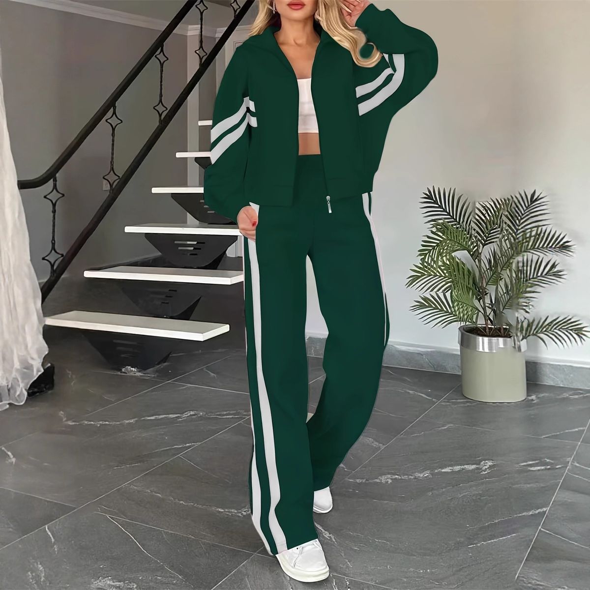 Women's Sporty Contrast Color Jacket & High-Waisted Straight Leg Pants Set – Navy/Green/Grey/White (S-Xxl, Fall Casual Outfit)_ecoleips.com