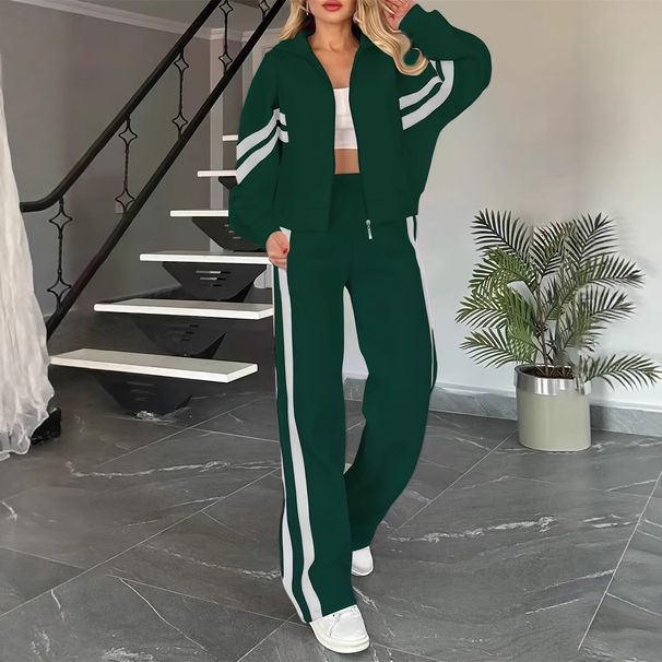 Women's Sporty Contrast Color Jacket & High-Waisted Straight Leg Pants Set – Navy/Green/Grey/White (S-Xxl, Fall Casual Outfit)_ecoleips.com