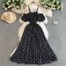 French Green Printed Sleeve One Shoulder Spaghetti Strap Dress for Women Elastic Waist Slim Fit Long Summer Dress_ecoleips.com