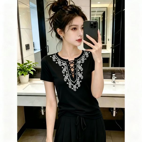 Bohemian Style Embroidered Short-sleeve Women's, 2026 Summer New Fashion, Elegant Heavy-duty Design, Versatile Black_ecoleips.com
