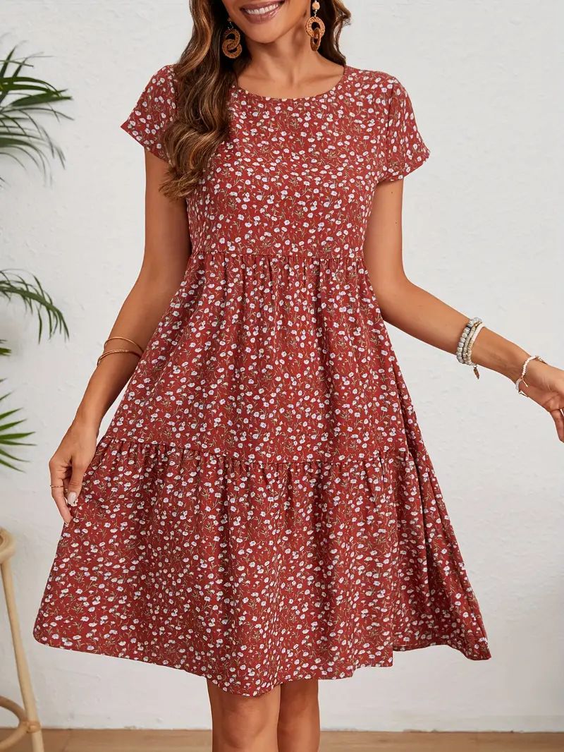 Floral Print Round Neck Short Sleeve A-Line Dress - Lightweight Polyester, Comfort Fit, Plus Size Available (Red, Navy, Blue)_ecoleips.com