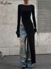 Hugcitar Fashion Solid O Neck Long Sleeve Slit Sexy Bodycon Maxi Dress Fall Winter Women Y2K New Outfits Evening Party Vacation_ecoleips.com