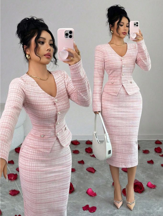 Europe And The United States Popular Simple Fashion Plaid Long-sleeved Top Skirt Set 2026 Autumn And Winter_ecoleips.com