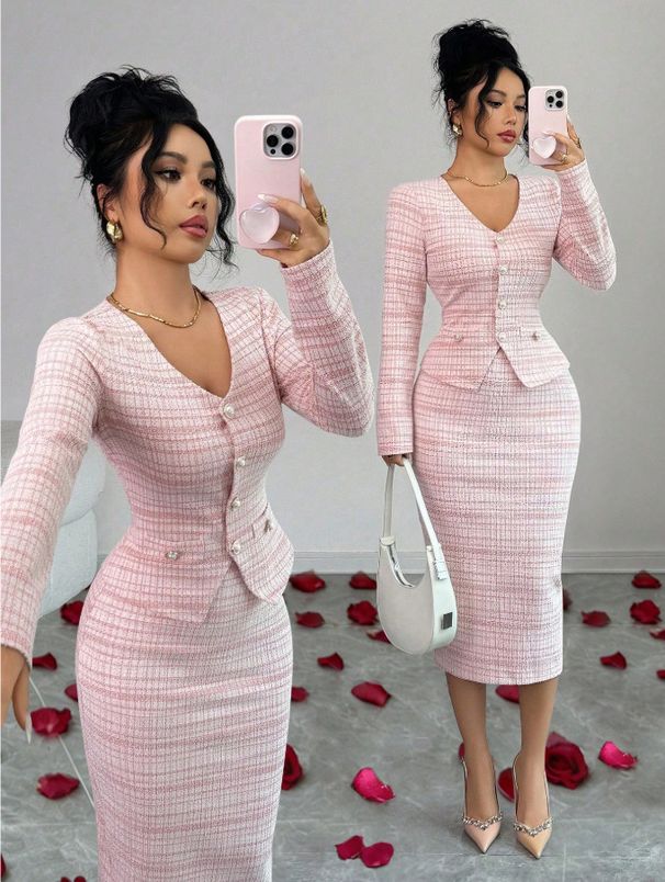Europe And The United States Popular Simple Fashion Plaid Long-sleeved Top Skirt Set 2026 Autumn And Winter_ecoleips.com