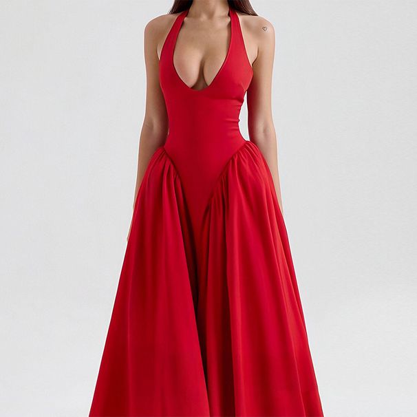 Women's High-Waisted Halter Neck Long Dress Spring 2026 Elegant Sexy American Style Solid Color Casual Summer Dress_ecoleips.com