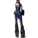 American Retro Cat-ear Frayed Hem Micro-flare Jeans For Women, New Autumn Style, Low-waisted, Slim-fit, Floor-length_ecoleips.com