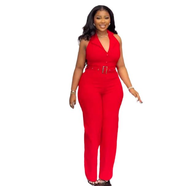Women's Clothing Halter Neck Backless V Neck Button Down Waist Wide Leg Jumpsuit_ecoleips.com