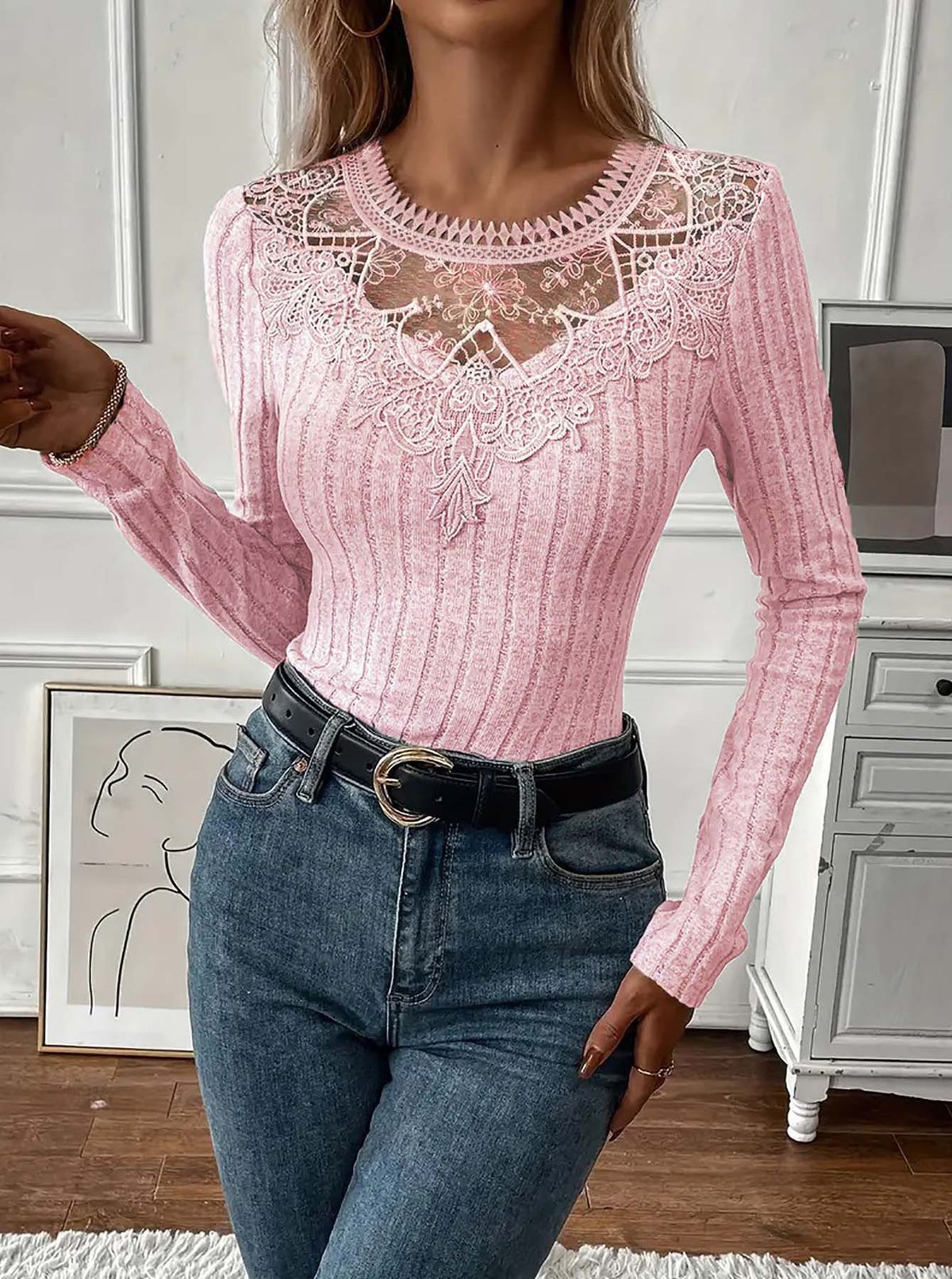 Women's Elegant V-Neck Long Sleeve Top With Delicate Lace Trim – Soft & Stylish Casual Blouse For Autumn & Winter_ecoleips.com