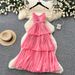 Red Spaghetti Strap Pleated Dress Women's Summer French Resort Style Fitted Waist Ruffled Hem Long Dress_ecoleips.com