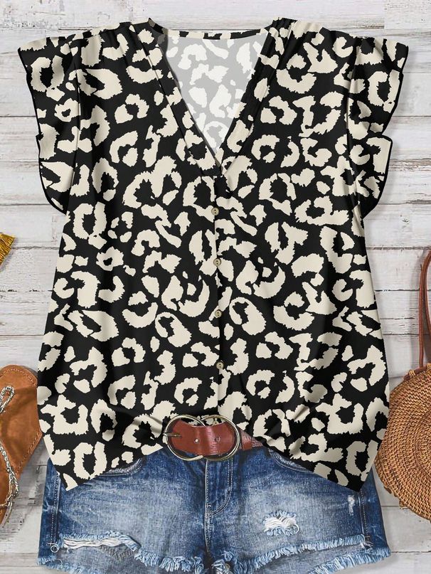 Women's Summer V Neck Blouse Printed Casual Shirt Cross Border New Arrival 2026 in Stock_ecoleips.com