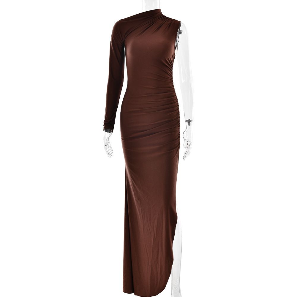 Women Elegant Formal Evening Dress, Asymmetrical One‑Shoulder Sleeve, Solid Color, High Slit Detail, Slim‑Fit Silhouette_ecoleips.com